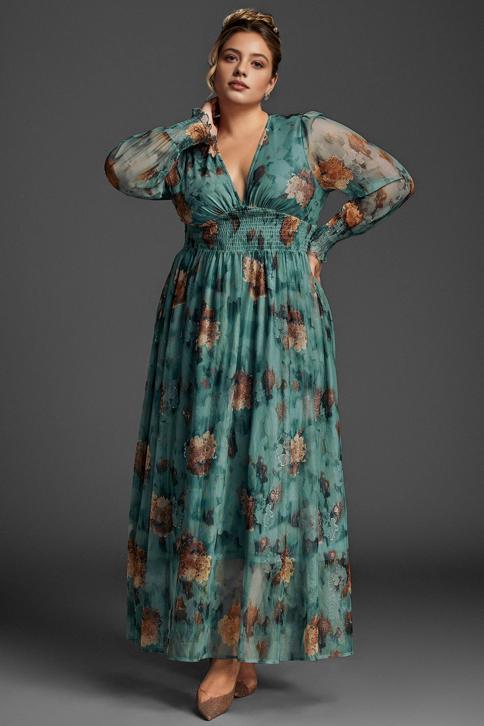 Flowy A-Line Deep V Sheer-Sleeve Plain-Back Midi Plus Size Floral Mother Of Bride Dress