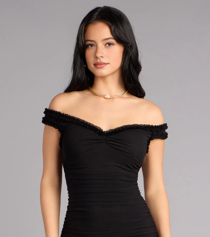 Black Mermaid Off Shoulder Short Sleeve Open Back Floor-Length Prom Dress