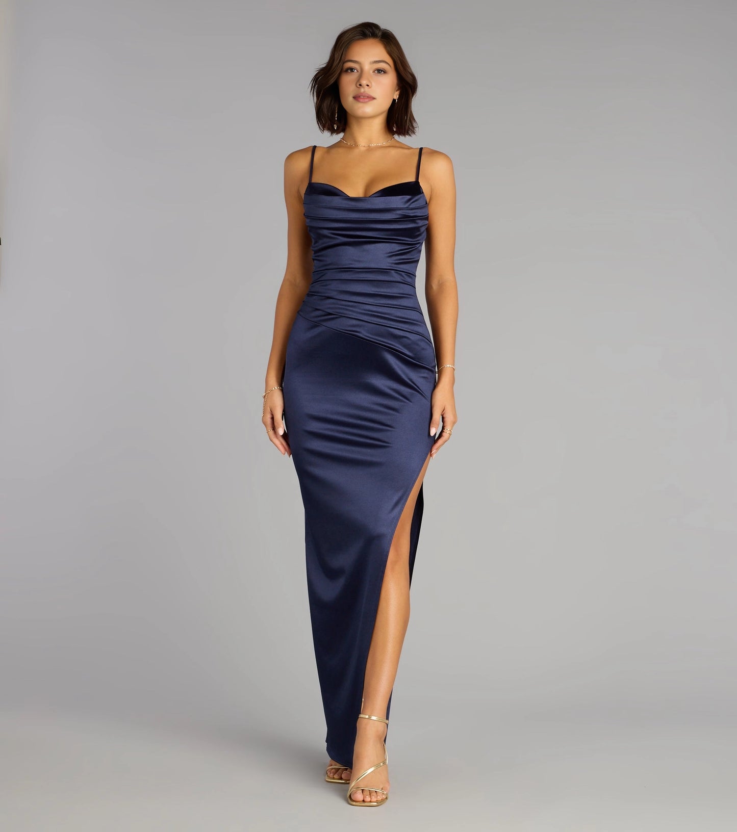 Navy Sheath Cowl Neck Spaghetti Plain Back Long Prom Dress