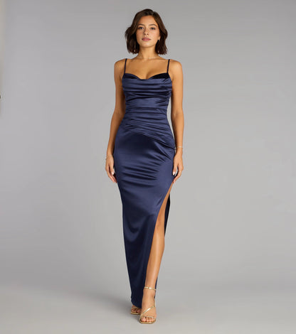 Navy Sheath Cowl Neck Spaghetti Plain Back Long Prom Dress