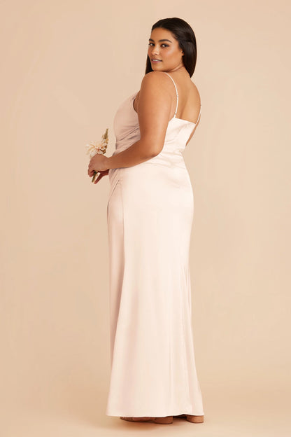 Elegant Satin Sheath Cowl Neck Spaghetti Strap Zipper Back Floor Length Plus Size Bridesmaid Dress