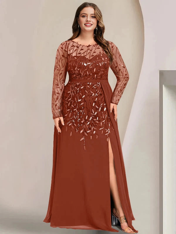 Roselledress Luxury Sheath Bateau Neck Long Sleeve Mesh Back Navy Sequin Chiffon Slit Plus Size Mother Of The Bride Dress