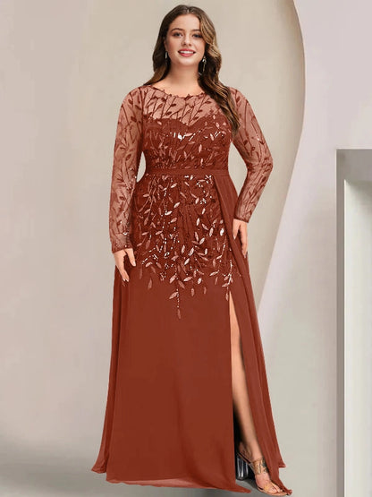 Roselledress Luxury Sheath Bateau Neck Long Sleeve Mesh Back Navy Sequin Chiffon Slit Plus Size Mother Of The Bride Dress