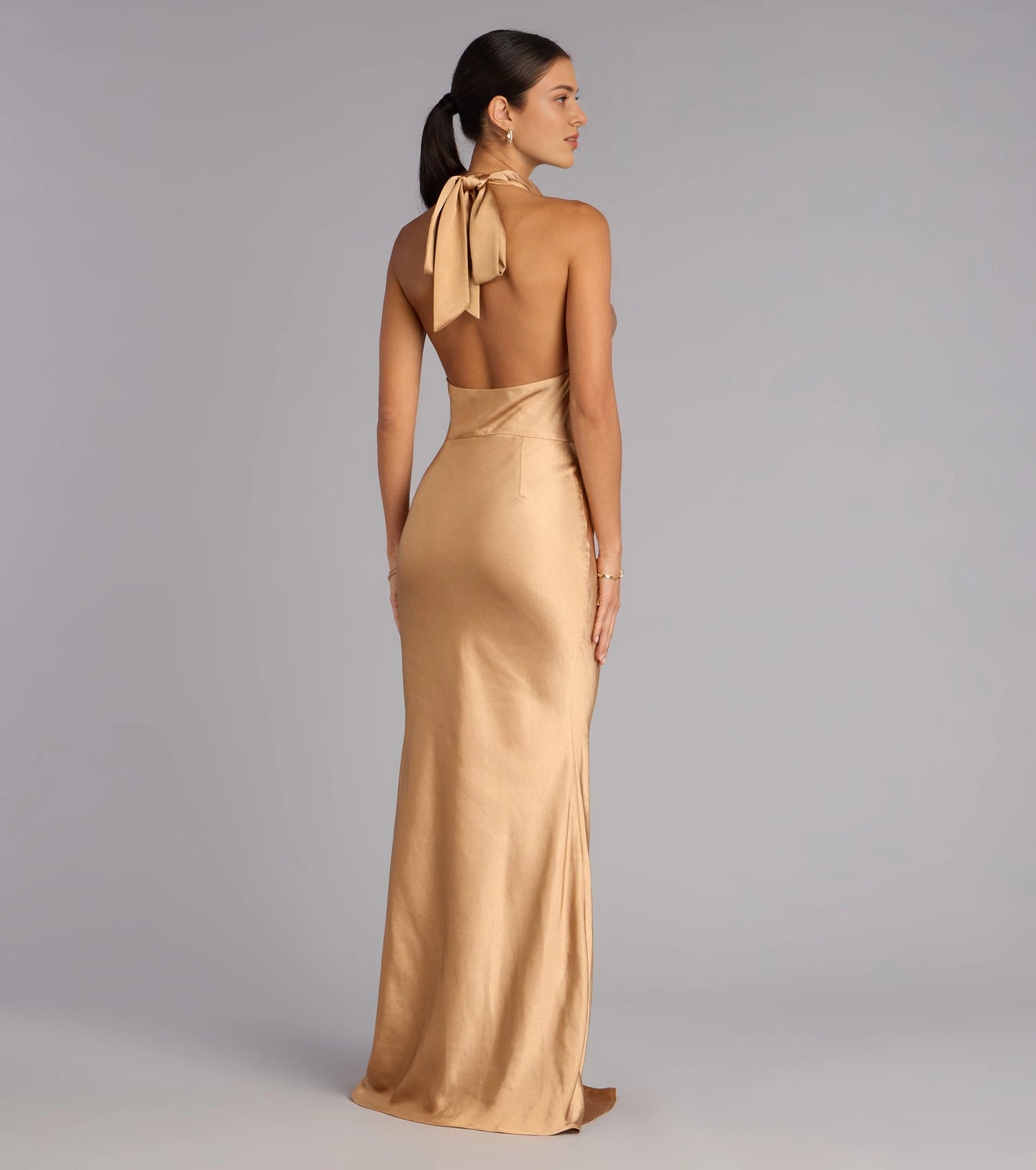 Roselledress gold  open back satin maxi dress halter neck bow tie back formal evening gown