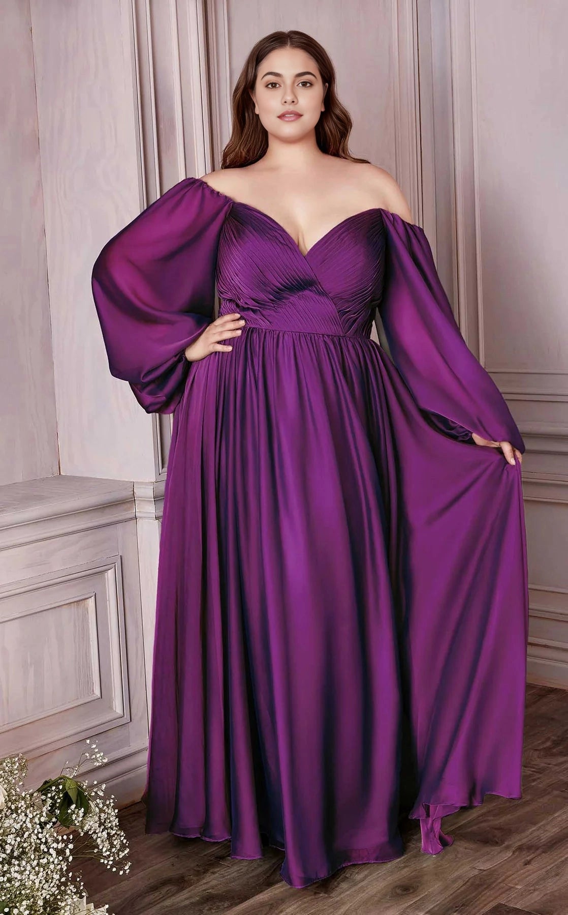 Roselledress Flowy A-Line Sweetheart Off-Shoulder Puff-Sleeve Zip-Back Floor-Length Plus Size Prom Dress