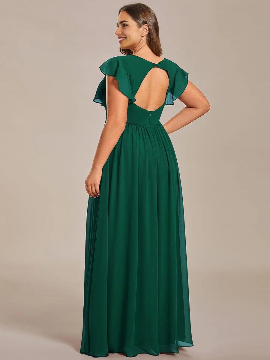 Roselledress Soft Nude Plus Size A Line V Neck Flutter Sleeves Heart Cutout Back Maxi Weeding Guest Dress