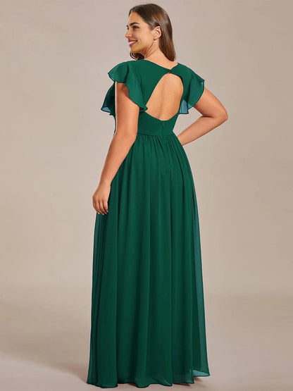 Roselledress Soft Nude Plus Size A Line V Neck Flutter Sleeves Heart Cutout Back Maxi Weeding Guest Dress