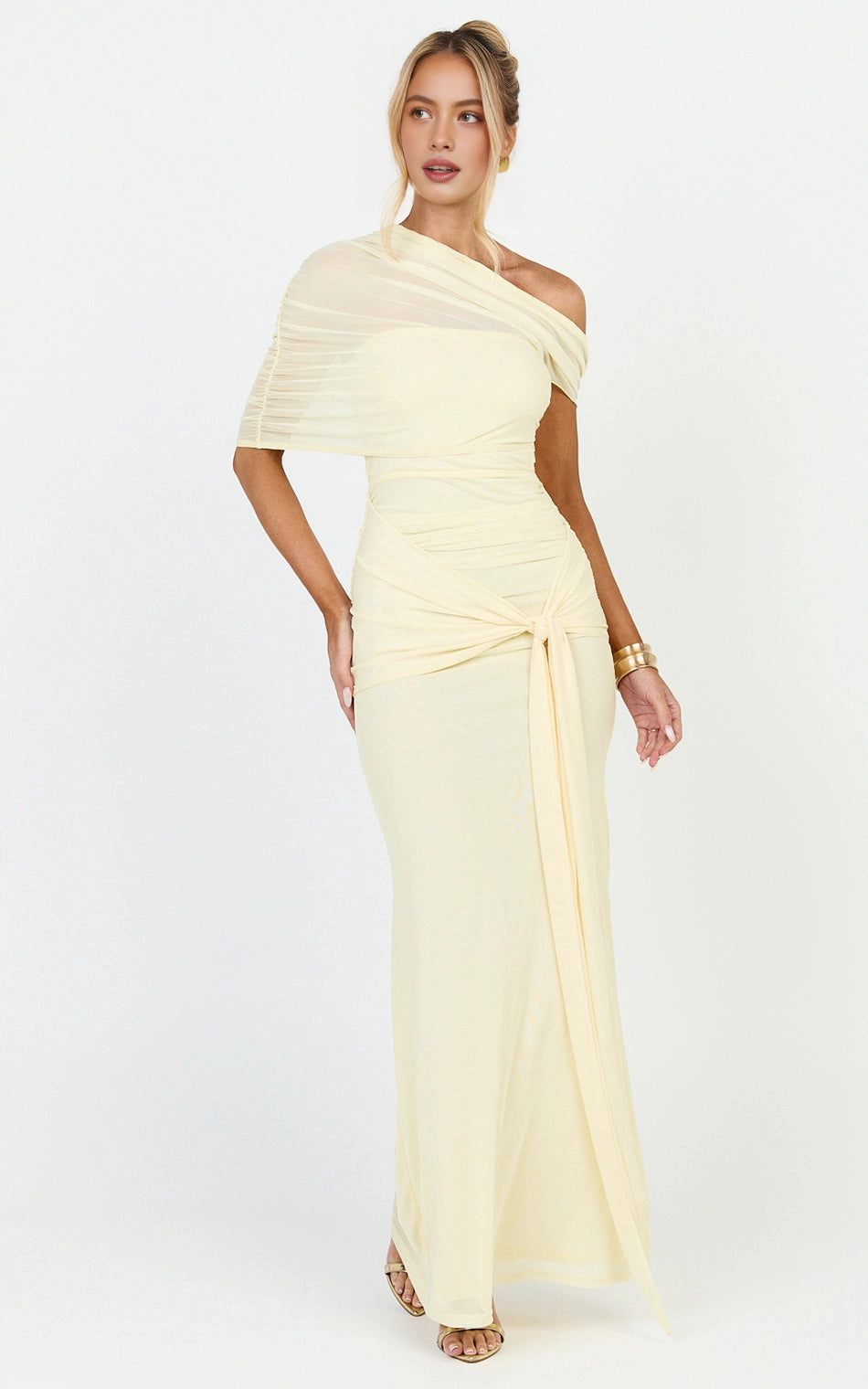 Romantic Mermaid One Shoulder Mesh Short Sleeve Open Back Tie Waist Plus Size Maxi Wedding Guest Dress