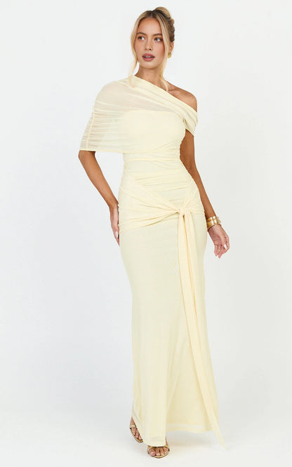 Romantic Mermaid One Shoulder Mesh Short Sleeve Open Back Tie Waist Plus Size Maxi Wedding Guest Dress