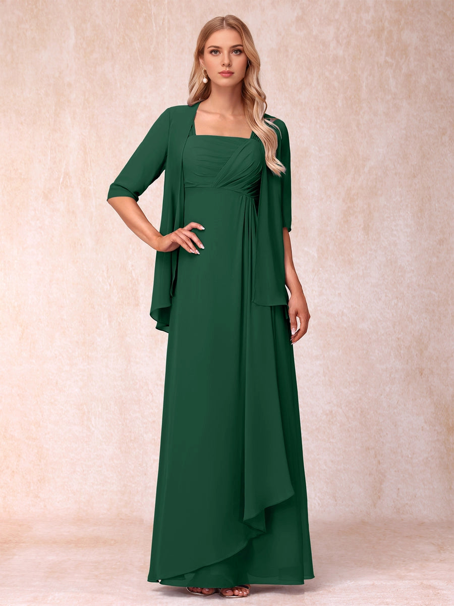 Soft A Line Square 3/4 Sleeve Solid Back Two Piece Long Mother Of Bride Dress