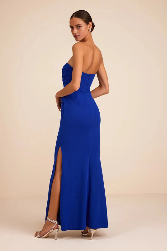 roselledress deep blue fitted mermaid formal gown seamless full plain low strapless open back vertical invisible zipper stretch knit black tie party dress side back view
