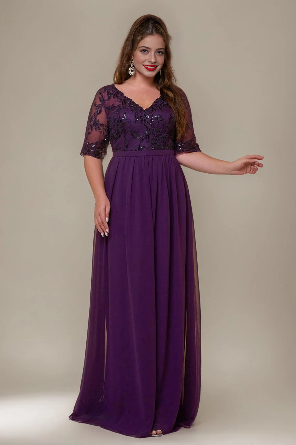 Flowy A-Line V-Neck Mid-Sleeve V-Back Floor-Length plus size Mother Of Bride Dress