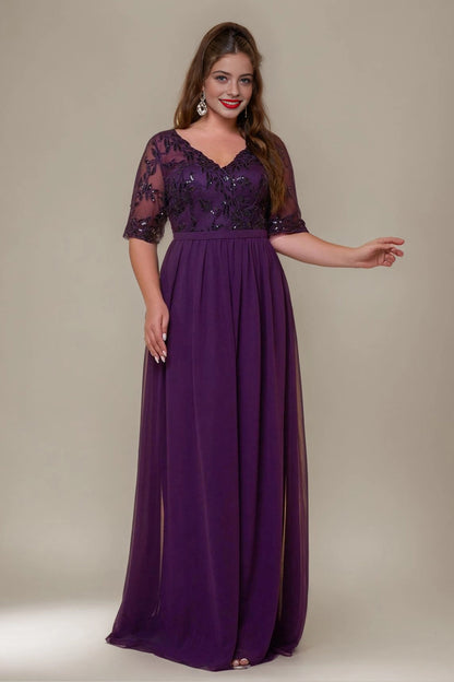 Flowy A-Line V-Neck Mid-Sleeve V-Back Floor-Length plus size Mother Of Bride Dress