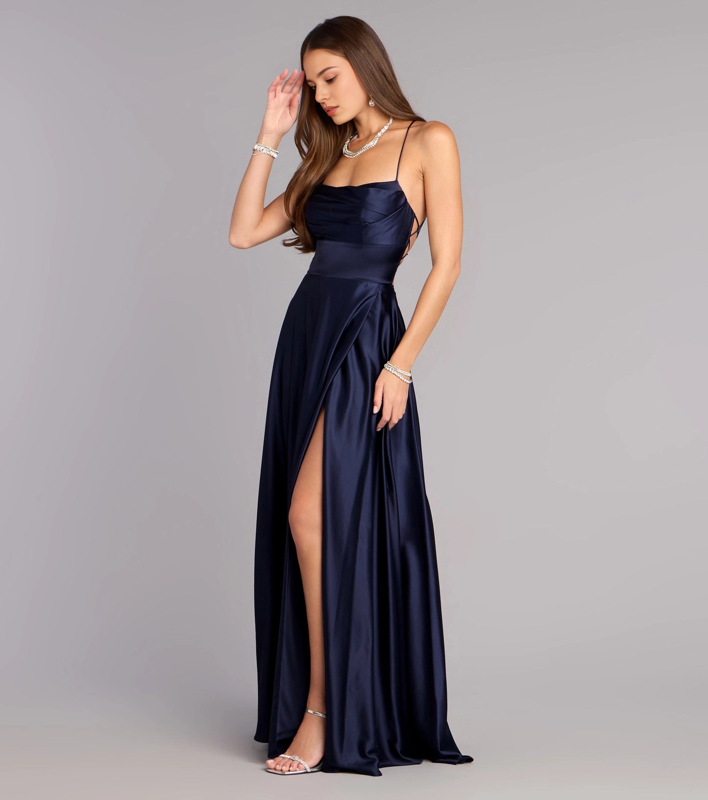 Shiny A-Line Cowl Spaghetti Strap Lace Up Back Slit Maxi Prom Dress