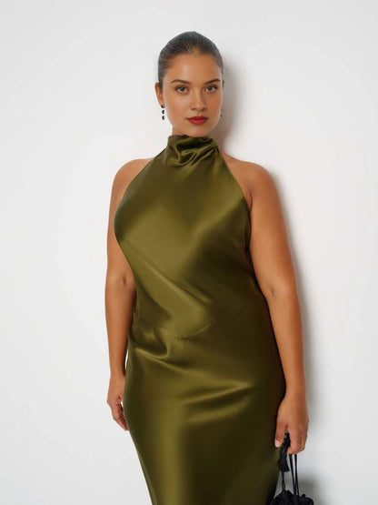 Roselledress Halter‑Neck Fringe‑Back Satin Mermaid Maxi Plus Size Wedding Guest Dress