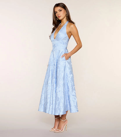 Roselledress Soft A-Line Halter V Neck Lace-Up-Back Midi Tea Length Plus Size Prom Dress