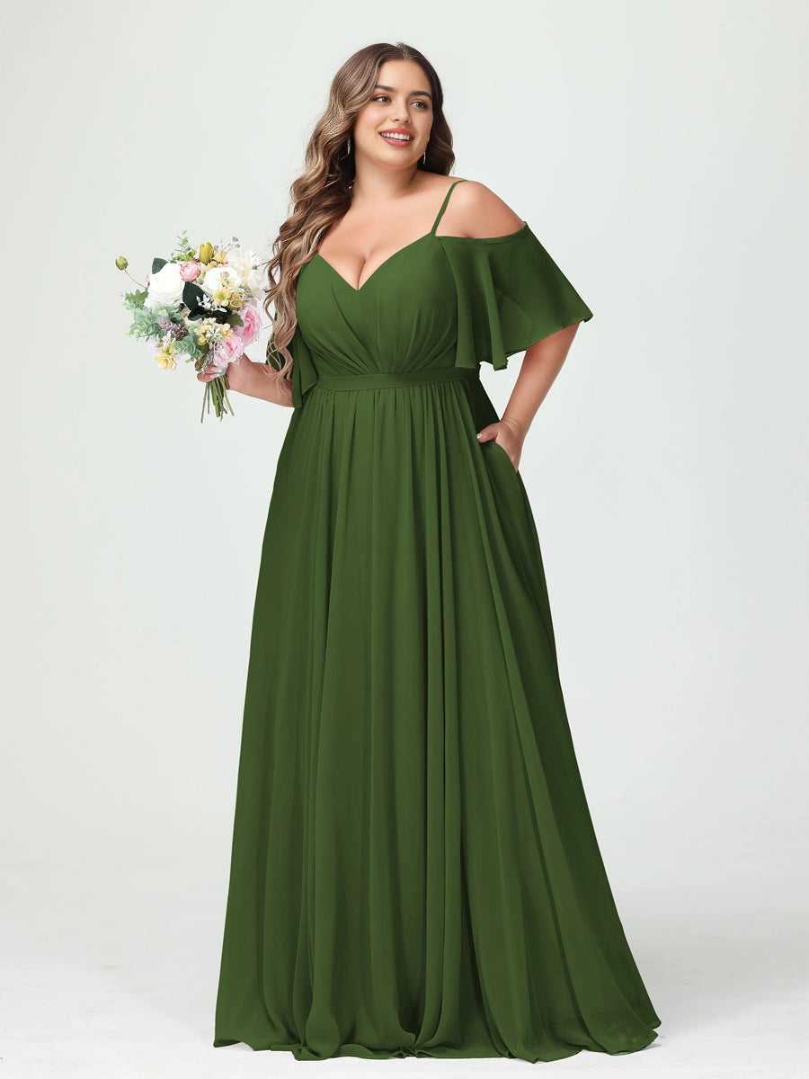 Romantic A-Line V Neck Off Shoulder Flutter Sleeve V Back Pocket Dusty Pink Chiffon Plus Size Mother Of The Bride Dress
