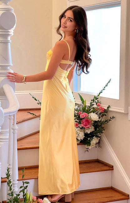 Lemon Yellow Slip Sweetheart Spaghetti Strap Open Back Long Prom Dress