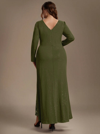 Olive green plus size evening gown back view, V-back, center back zipper, long sleeves and mermaid floor length skirt
