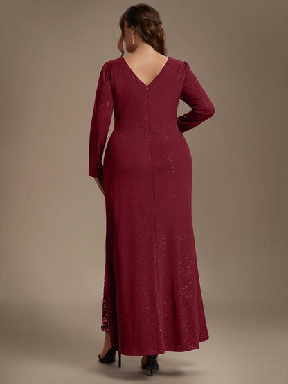 Plus Size Glitter V-Neck Long Sleeve Twist Slit Mermaid Wedding Guest Dress