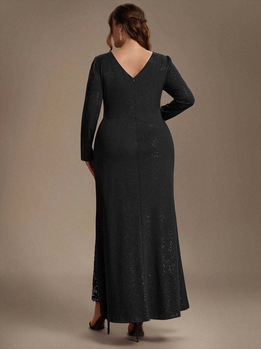 Plus Size Glitter V-Neck Long Sleeve Twist Slit Mermaid Wedding Guest Dress