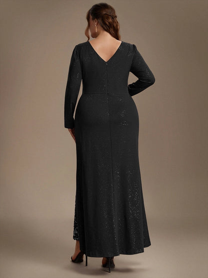 Plus Size Glitter V-Neck Long Sleeve Twist Slit Mermaid Wedding Guest Dress