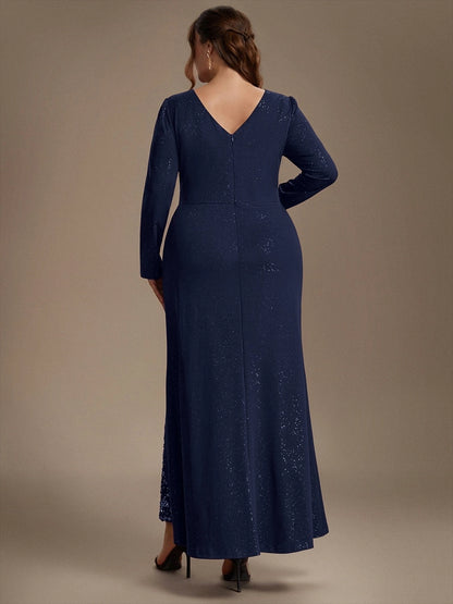 Plus Size Glitter V-Neck Long Sleeve Twist Slit Mermaid Wedding Guest Dress