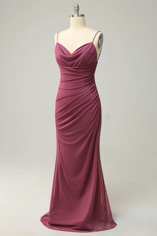 Elegant Plus Size Sheath Cowl-Neck Cowl-Back Long Mauve Evening Dress