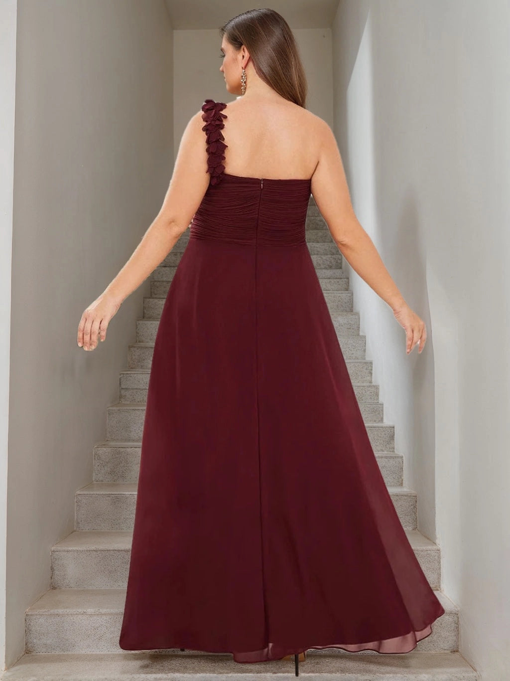 Back view RoselleDress wine red curvy chiffon formal dress strapless ruched zipper back floor length a-line bridesmaid maxi dress