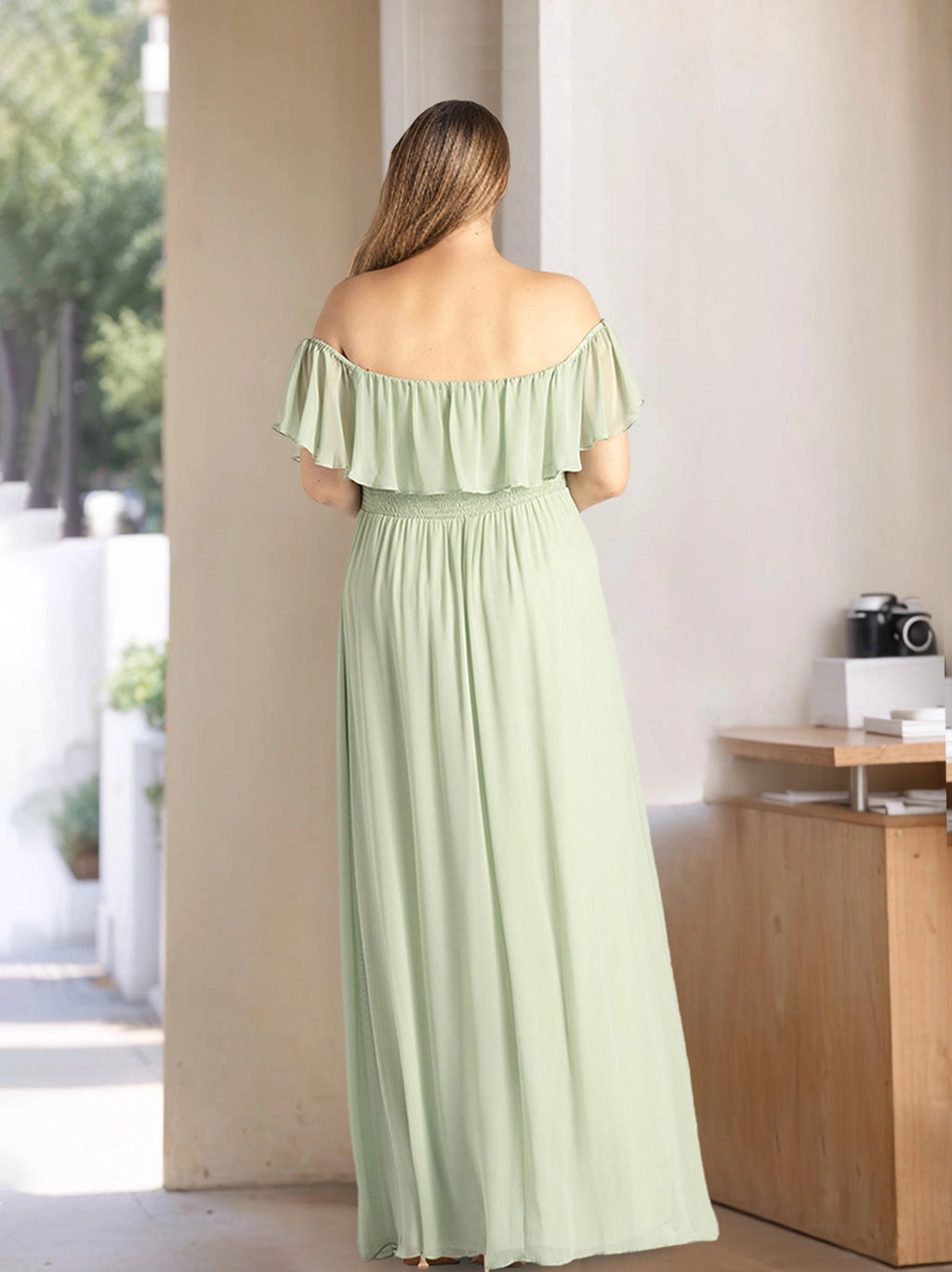 roselledress curvy sage bridesmaid dress off shoulder plain back stretch waist outdoor lawn bridal dress