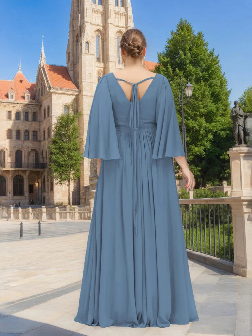 Back view RoselleDress slate blue curvy chiffon dress open V tie back long bell sleeves floor length wedding bridesmaid maxi dress