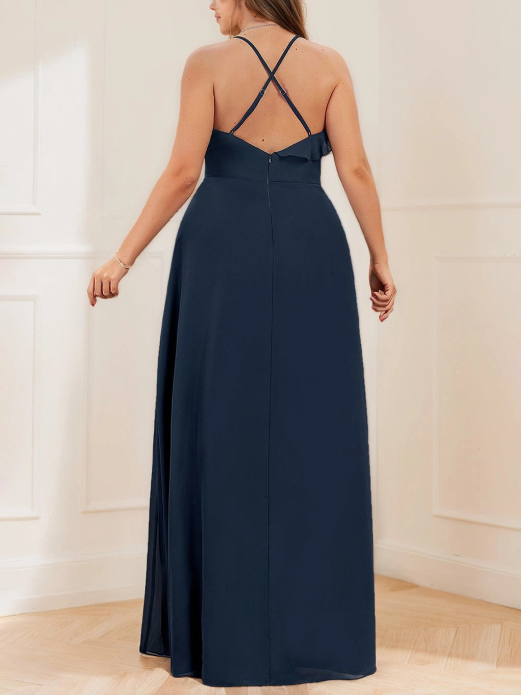 Back view RoselleDress dark navy curvy chiffon dress adjustable criss cross thin strap open back floor length wedding party dress