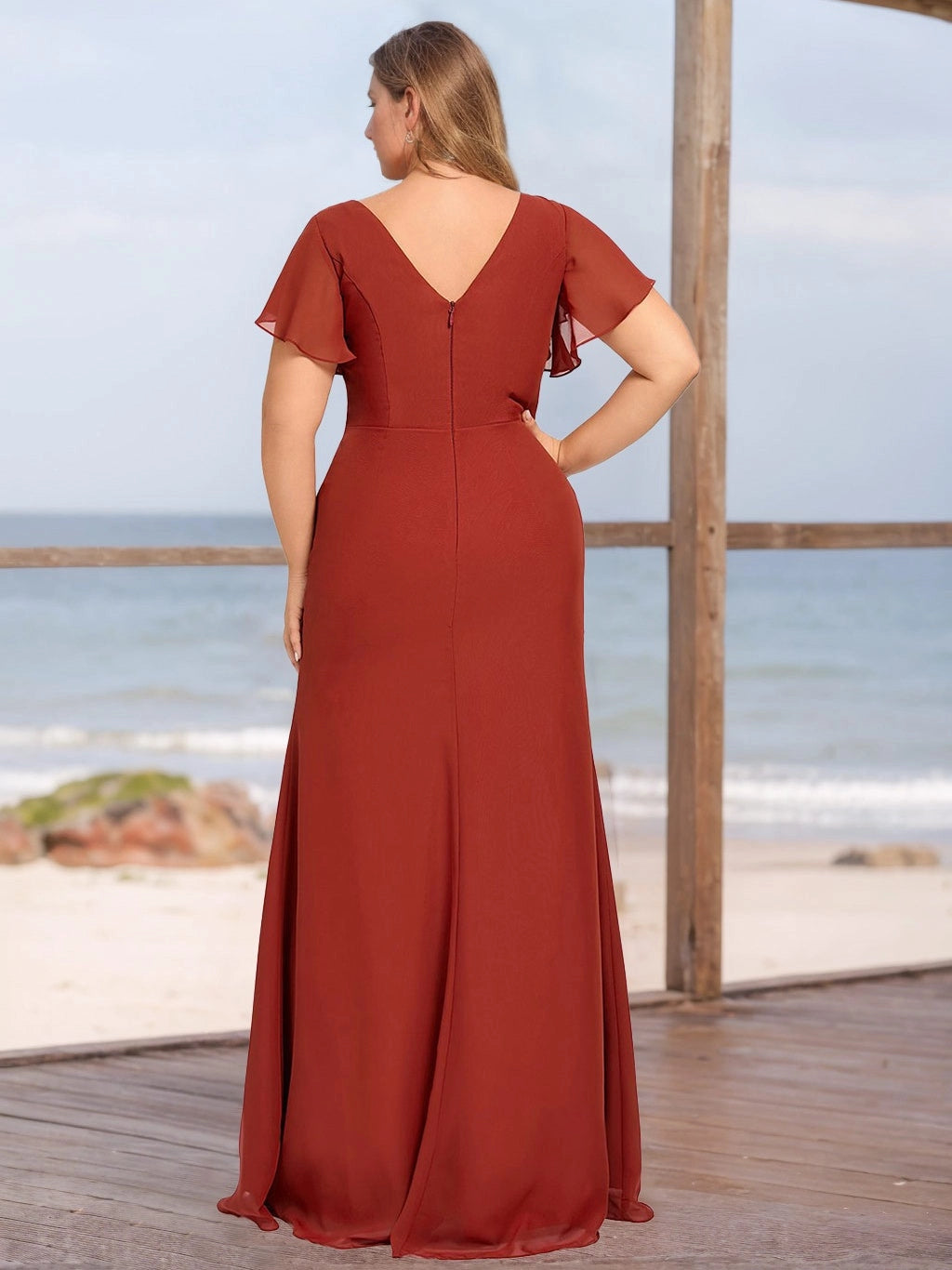 roselledress curvy terracotta chiffon bridesmaid dress full v back invisible zipper floor length modest short sleeve beach bridal party gown