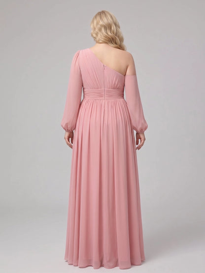 Graceful A-Line One Shoulder Long Sleeve Back Zipper Chiffon Plus Size Bridesmaid Maxi Dress