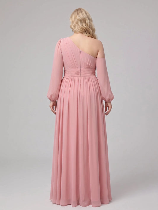 Graceful A-Line One Shoulder Long Sleeve Back Zipper Chiffon Plus Size Bridesmaid Maxi Dress