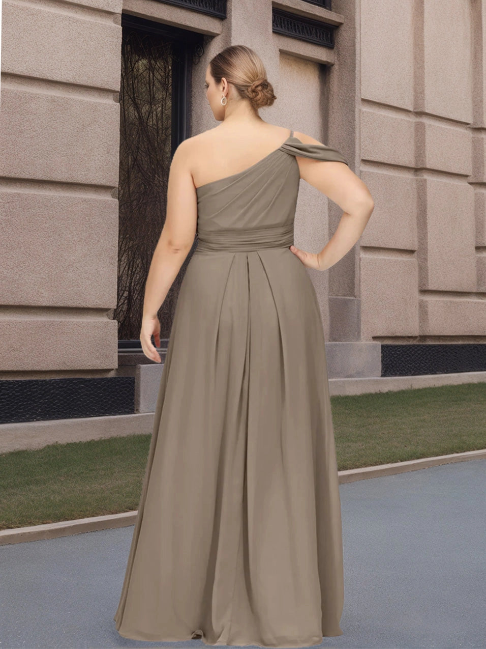 Back view RoselleDress taupe curvy chiffon dress single cold shoulder solid pleated back floor length wedding bridesmaid dress