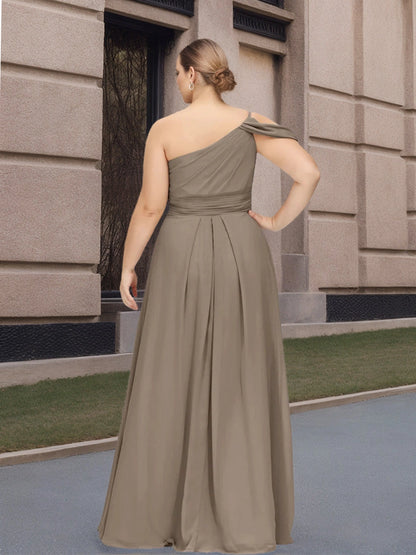 Back view RoselleDress taupe curvy chiffon dress single cold shoulder solid pleated back floor length wedding bridesmaid dress
