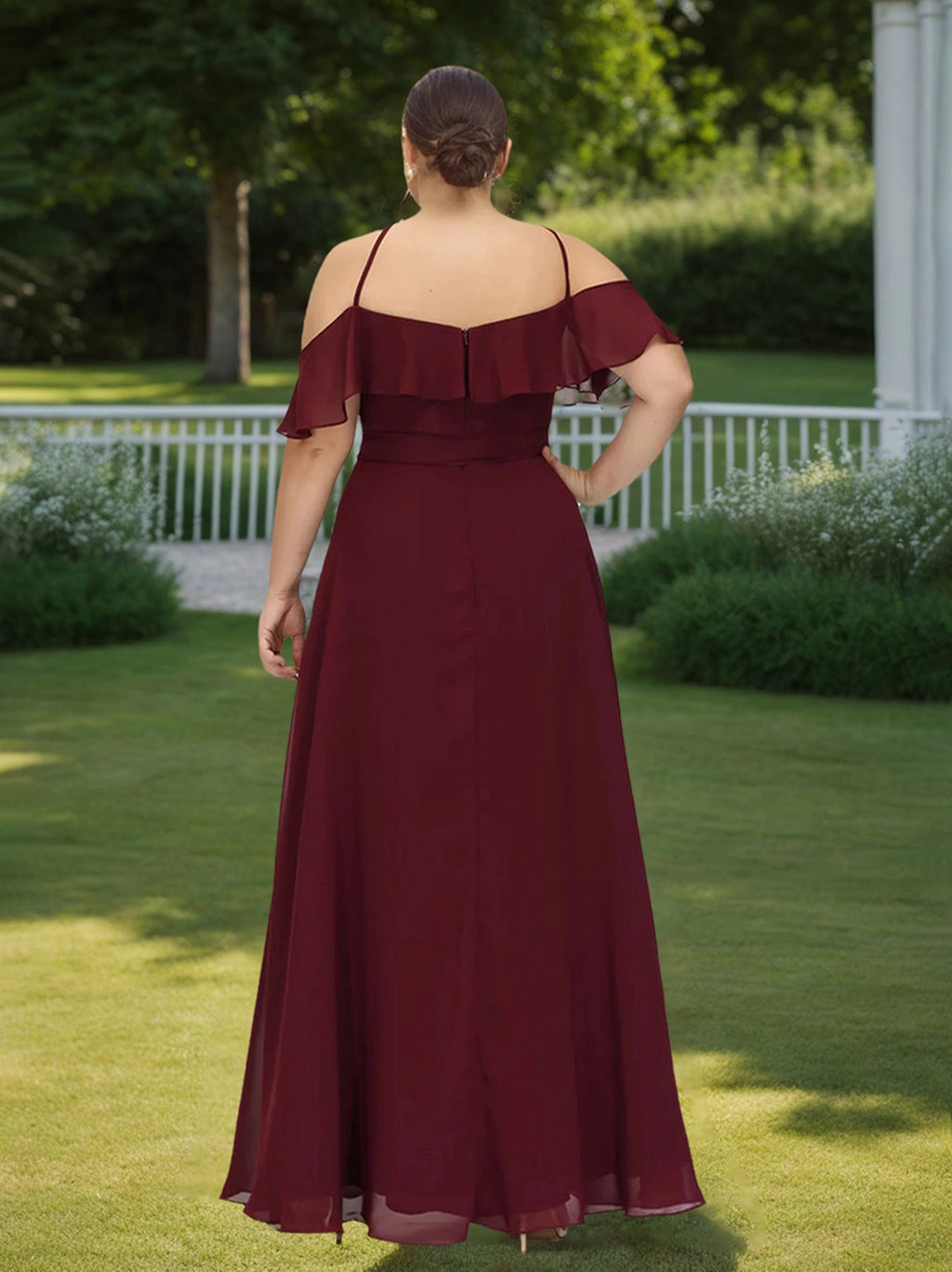 roselledress curvy burgundy bridesmaid dress thin strap zipper back cold shoulder outdoor bridal party long dress