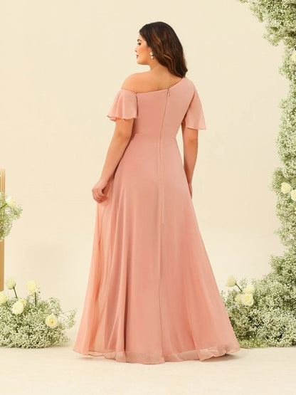 roselledress blush pink curvy bridesmaid dress asymmetrical cold shoulder hidden zip back flowy chiffon maxi gown back view