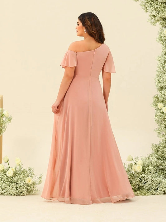 roselledress blush pink curvy bridesmaid dress asymmetrical cold shoulder hidden zip back flowy chiffon maxi gown back view