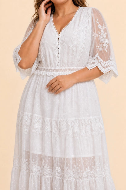 Tiered V-Neck Elbow Sleeve Zip Back Lace Maxi Plus Size Wedding Guest Dress