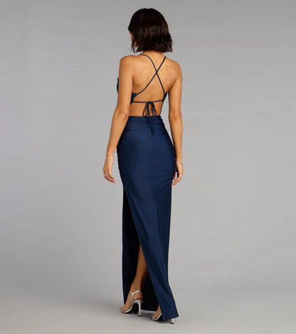 Roselledress Luxury Sheath Cowl-Neck Spaghetti-Strap Tie-Back Maxi Plus Size Prom Dress