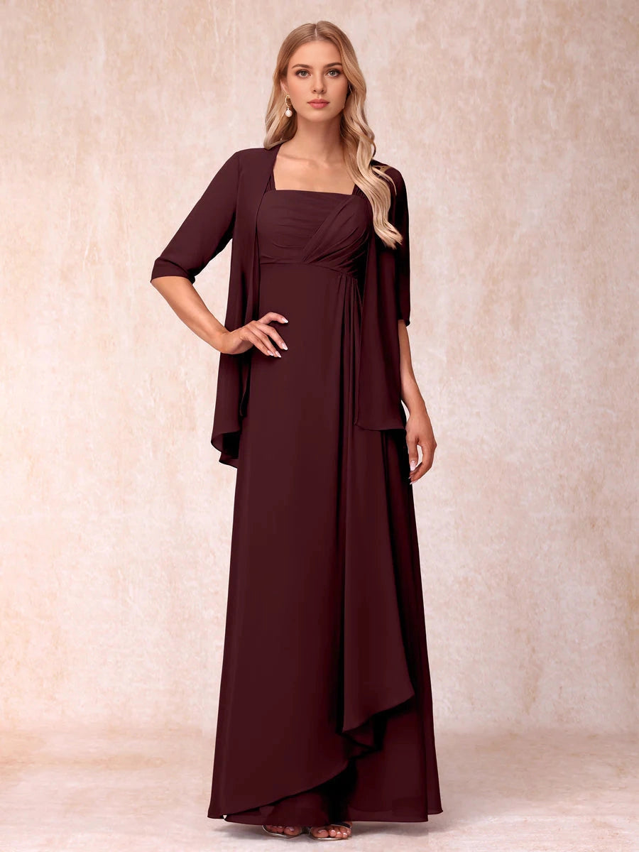 Soft A Line Square 3/4 Sleeve Solid Back Two Piece Long Mother Of Bride Dress