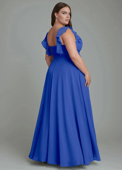 Burgundy Plus Size Chiffon A-Line V-Neck Ruffled Open Back Maxi Bridesmaid Dress