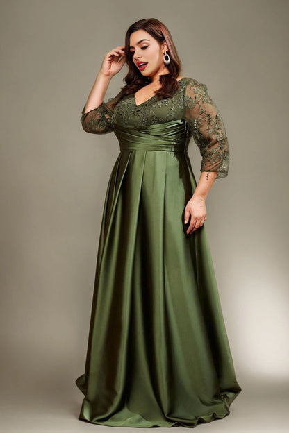 Dusty Lavender Plus Size A‑Line V‑Neck 3/4‑Sleeve V‑Back Zip‑Back Floor‑Length Prom Dress