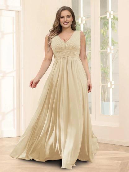 Plus‑Size Sleeveless V‑Neck Empire Waist Chiffon A‑Line Floor‑Length Wedding Guest Dress