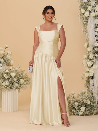 Stunning Champagne A‑Line Convertible‑Neck Ruched Zip‑Back High‑Slit Floor‑Length Bridesmaid Dress