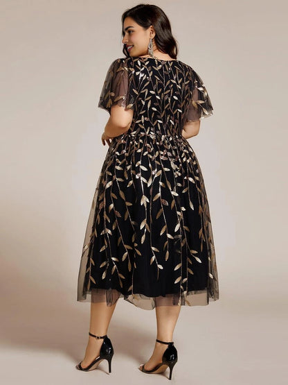 Roselledress Burgundy Leaf Sequin V-Neck Flutter Sleeve Zip Back Midi Plus Size Weeding Guest Dress