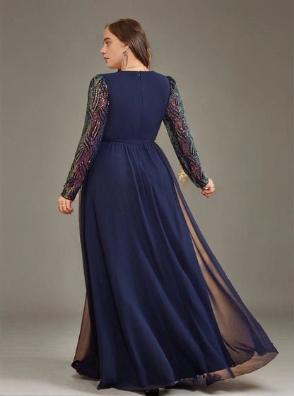 Elegant A-Line V-Neck Long-Sleeve Zip-Back Floor-Length Plus Size Mother Of Bride Dress