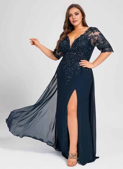 Gorgeous Plus Size A-Line V-Neck 3/4 Sleeve Illusion-Back Floor-Length Mother Of Bride Dress